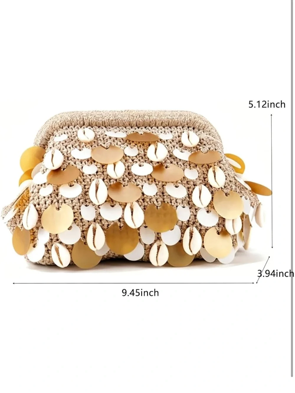 Boho Shell & Gold Sequin Handwoven Clutch Bag | Beach Vacation Evening Purse
